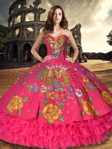 Dramatic Sleeveless Floor Length Embroidery and Ruffled Layers Lace Up 15 Quinceanera Dress with Red