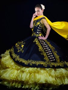 Black 15 Quinceanera Dress Military Ball and Sweet 16 and Quinceanera with Beading and Embroidery and Ruffled Layers Off The Shoulder Sleeveless Lace Up