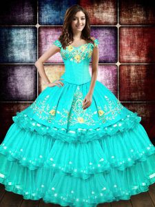 Custom Design Off the Shoulder Ruffled Floor Length Ball Gowns Sleeveless Turquoise 15th Birthday Dress Lace Up