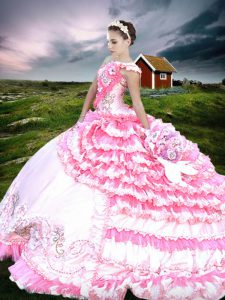 Chic Pink And White Quinceanera Gowns Military Ball and Sweet 16 and Quinceanera with Beading and Embroidery and Ruffled Layers One Shoulder Sleeveless Lace Up