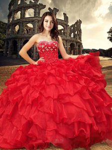 Best Sweetheart Sleeveless Quinceanera Dresses Floor Length Beading and Ruffles Red Organza