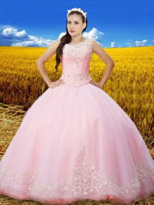Flare Baby Pink Scoop Lace Up Beading and Lace and Embroidery Quinceanera Gowns Sleeveless