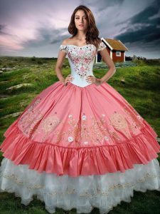 Fantastic Ruffled Floor Length Watermelon Red Quinceanera Dress Off The Shoulder Sleeveless Lace Up