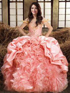 Pink Off The Shoulder Neckline Beading and Ruffles and Pick Ups Quince Ball Gowns Sleeveless Lace Up