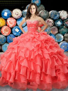 Beauteous Coral Red Sweetheart Lace Up Beading and Ruffles Sweet 16 Quinceanera Dress Sleeveless
