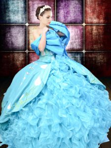 Floor Length Baby Blue 15th Birthday Dress Organza and Taffeta Sleeveless Embroidery and Ruffles