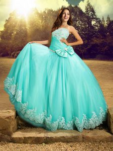 Apple Green Sleeveless Beading and Lace and Bowknot Floor Length Quince Ball Gowns