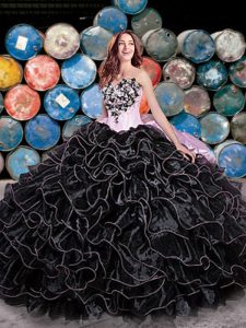 Sleeveless Floor Length Beading and Ruffles and Pick Ups Lace Up Quinceanera Gown with Black