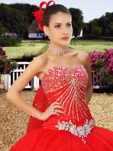 Elegant Beading and Lace 15 Quinceanera Dress Red Lace Up Sleeveless With Train Watteau Train
