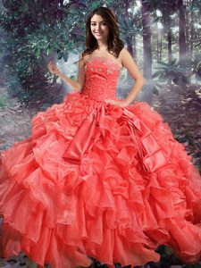 Glorious Floor Length Lace Up Quinceanera Dresses Coral Red for Military Ball and Sweet 16 and Quinceanera with Beading and Ruffles