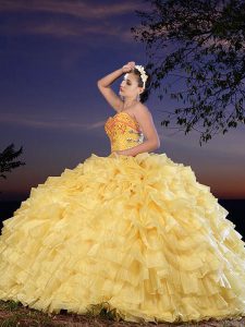 Affordable Beading and Ruffled Layers Ball Gown Prom Dress Gold Lace Up Sleeveless Floor Length