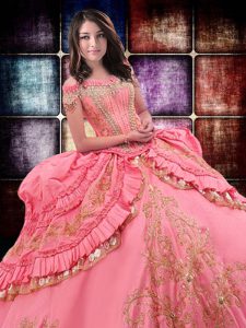 Designer Ruffled Ball Gowns Quinceanera Dresses Watermelon Red Off The Shoulder Taffeta Sleeveless Floor Length Lace Up