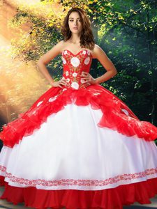 White And Red Sleeveless Floor Length Embroidery and Ruffles Lace Up 15 Quinceanera Dress