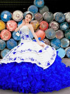 Unique Sweetheart Sleeveless Sweet 16 Dresses With Brush Train Embroidery and Ruffles White and Blue Organza and Taffeta