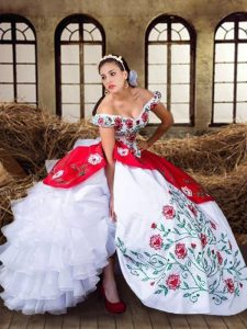Elegant Off the Shoulder White and Red Cap Sleeves Floor Length Embroidery and Ruffled Layers Lace Up Vestidos de Quinceanera