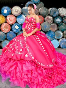 Hot Pink Ball Gowns Beading and Embroidery and Ruffles Sweet 16 Dress Lace Up Organza and Taffeta Sleeveless With Train