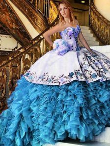 Excellent Baby Blue Organza Lace Up Quinceanera Gown Sleeveless Floor Length Appliques and Embroidery and Ruffles