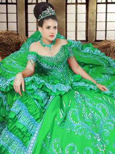 Popular Off the Shoulder Ball Gowns Embroidery Sweet 16 Quinceanera Dress Lace Up Satin Sleeveless Floor Length