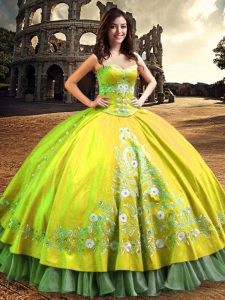 High Class Satin One Shoulder Sleeveless Lace Up Lace and Embroidery Quince Ball Gowns in Yellow Green