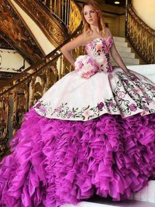 Unique Pink And White Quince Ball Gowns Military Ball and Sweet 16 and Quinceanera with Appliques and Embroidery Sweetheart Sleeveless Lace Up