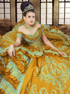 Best Off The Shoulder Sleeveless Sweet 16 Dress Floor Length Embroidery Gold Satin