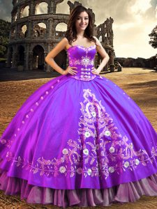 Purple Ball Gowns Embroidery Quinceanera Gown Lace Up Satin Sleeveless Floor Length