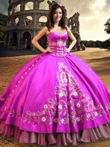 Fuchsia Ball Gowns Sweetheart Sleeveless Satin Floor Length Lace Up Embroidery Quinceanera Gown
