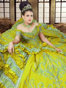 Off the Shoulder Floor Length Light Yellow Quinceanera Gown Satin Sleeveless Embroidery