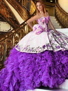Exceptional Appliques and Embroidery Sweet 16 Dresses White And Purple Lace Up Sleeveless Floor Length