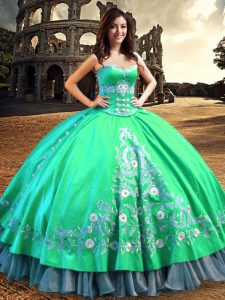 Colorful Off the Shoulder Floor Length Lace Up Sweet 16 Quinceanera Dress Turquoise for Military Ball and Sweet 16 and Quinceanera with Lace and Embroidery