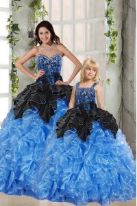 Smart Black and Blue Ball Gowns Beading and Ruffles Sweet 16 Quinceanera Dress Lace Up Organza Sleeveless Floor Length