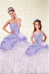 Lavender Sleeveless Beading and Ruffled Layers and Hand Made Flower Floor Length Quinceanera Dresses