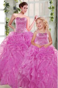 Lilac Ball Gowns Organza Strapless Sleeveless Beading and Ruffles Floor Length Lace Up Quinceanera Dresses