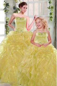 Lovely Floor Length Yellow 15th Birthday Dress Organza Sleeveless Beading and Ruffles