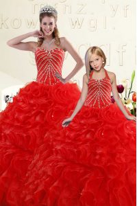 Red Ball Gowns Sweetheart Sleeveless Organza Floor Length Lace Up Beading and Ruffles Sweet 16 Dress