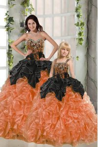 Best Selling Sleeveless Organza Floor Length Lace Up 15th Birthday Dress in Orange Red with Beading and Ruffles