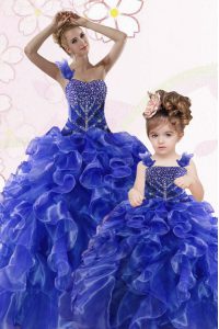 Royal Blue One Shoulder Neckline Beading and Ruffles Ball Gown Prom Dress Sleeveless Lace Up