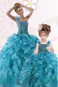 One Shoulder Sleeveless Organza Floor Length Lace Up Sweet 16 Dresses in Teal with Beading and Ruffles