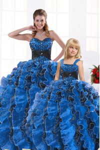 Hot Selling Sleeveless Floor Length Beading and Appliques and Ruffles Lace Up Sweet 16 Dress with Royal Blue