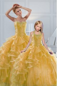 Edgy Gold Quinceanera Dresses Military Ball and Sweet 16 and Quinceanera with Beading and Ruffled Layers Sweetheart Sleeveless Lace Up