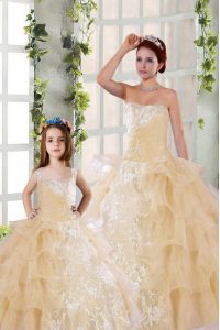 Flare Ruffled Ball Gowns Ball Gown Prom Dress Champagne Strapless Organza Sleeveless Floor Length Lace Up