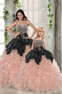 Fantastic Peach Organza Lace Up Quince Ball Gowns Sleeveless Floor Length Beading and Ruffles