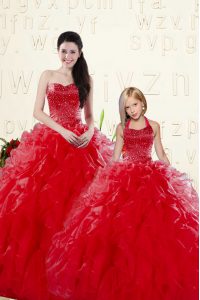 Cheap Sleeveless Floor Length Beading and Ruffles Lace Up Sweet 16 Dresses with Coral Red