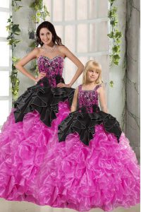 Beautiful Sweetheart Sleeveless Quinceanera Gown Floor Length Beading and Ruffles Pink And Black Organza