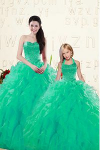 Fashionable Turquoise Sweetheart Lace Up Beading and Ruffles Quinceanera Gown Sleeveless