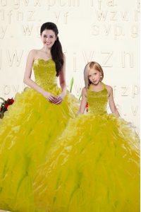Yellow Ball Gowns Organza Sweetheart Sleeveless Beading and Ruffles Floor Length Lace Up Quinceanera Dresses