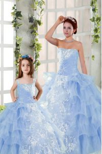 Suitable Blue Lace Up Strapless Embroidery and Ruffled Layers 15 Quinceanera Dress Organza Sleeveless