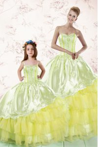 Hot Sale Floor Length Light Yellow Sweet 16 Dresses Organza Sleeveless Embroidery and Ruffled Layers