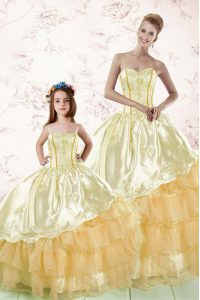 Dramatic Gold Sweetheart Neckline Embroidery and Ruffled Layers 15th Birthday Dress Sleeveless Lace Up