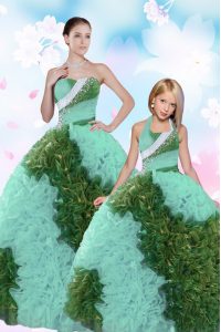 Low Price Floor Length Lace Up Quinceanera Gown Turquoise for Military Ball and Sweet 16 and Quinceanera with Beading and Sequins